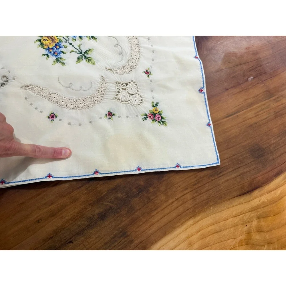 Vintage Hand Embroidered Cross Stitch Tablecloth Cotton Floral Crochet lace BB14